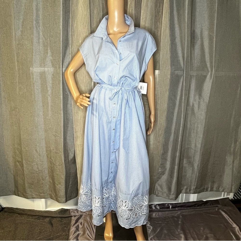 Ellen Tracy Women's Pinstriped Blue & White Embroidered Shirtdress Large NWT